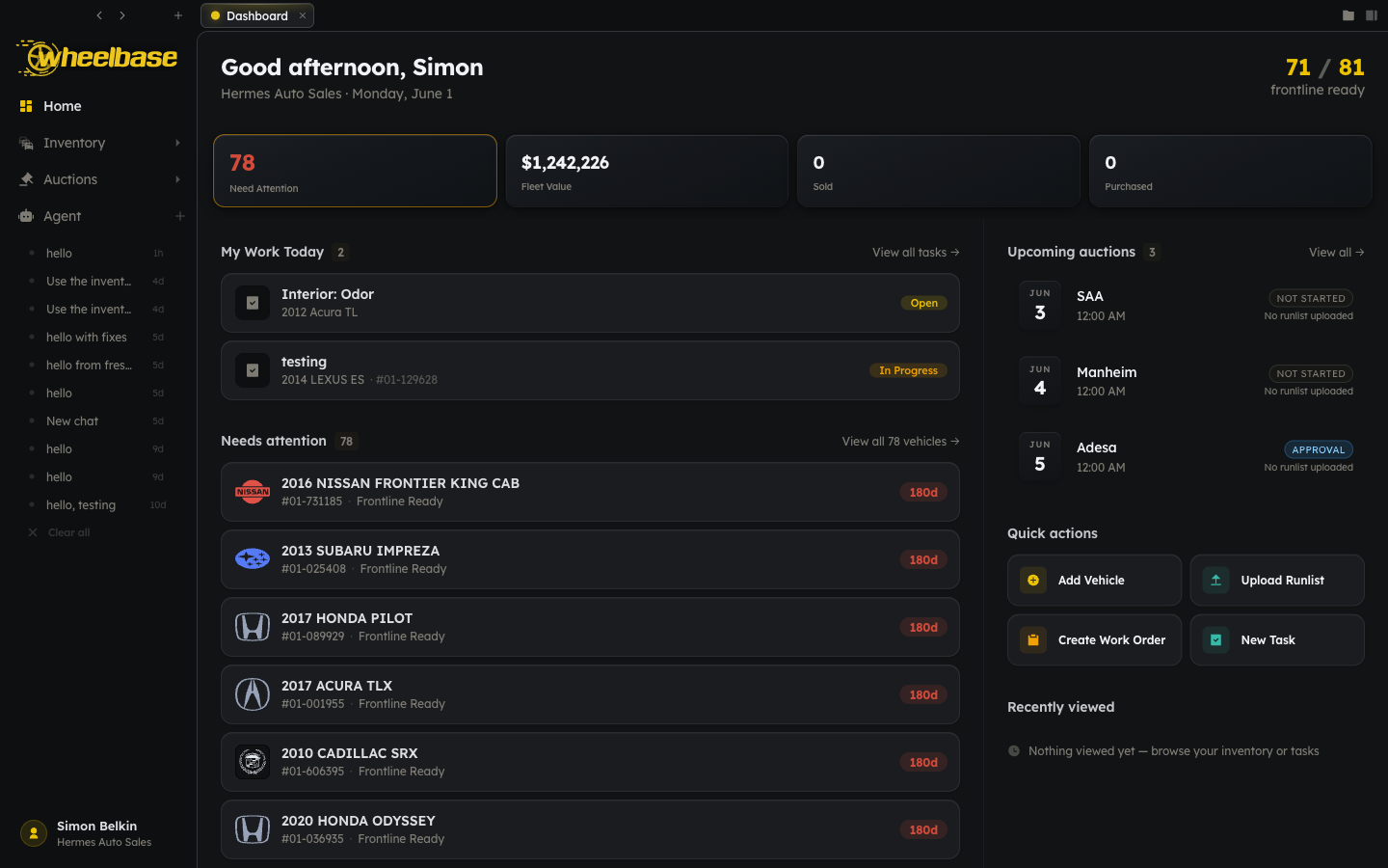 The Wheelbase dashboard showing live inventory and auctions