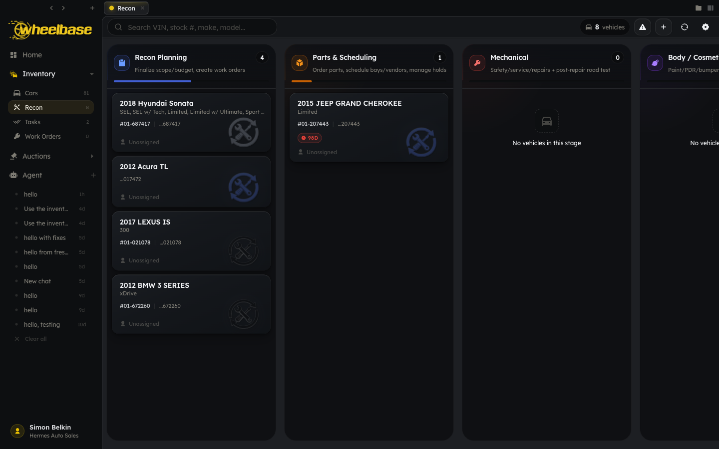 Wheelbase vehicle reconditioning workflow board